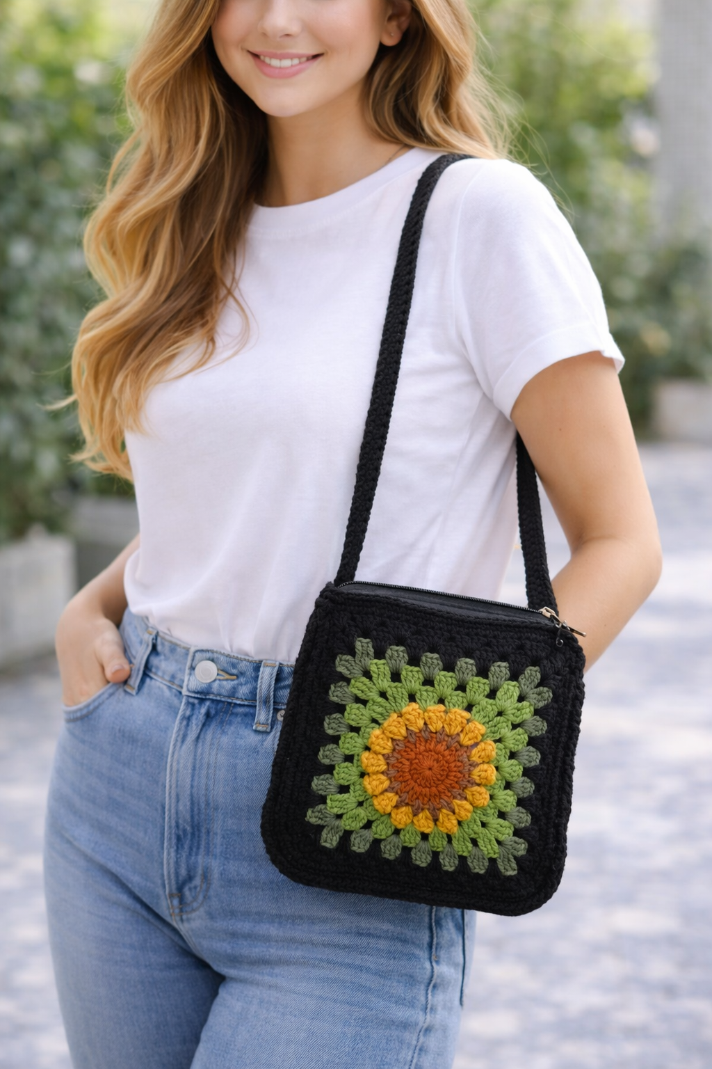 Sunflower Crochet Crossbody Bag